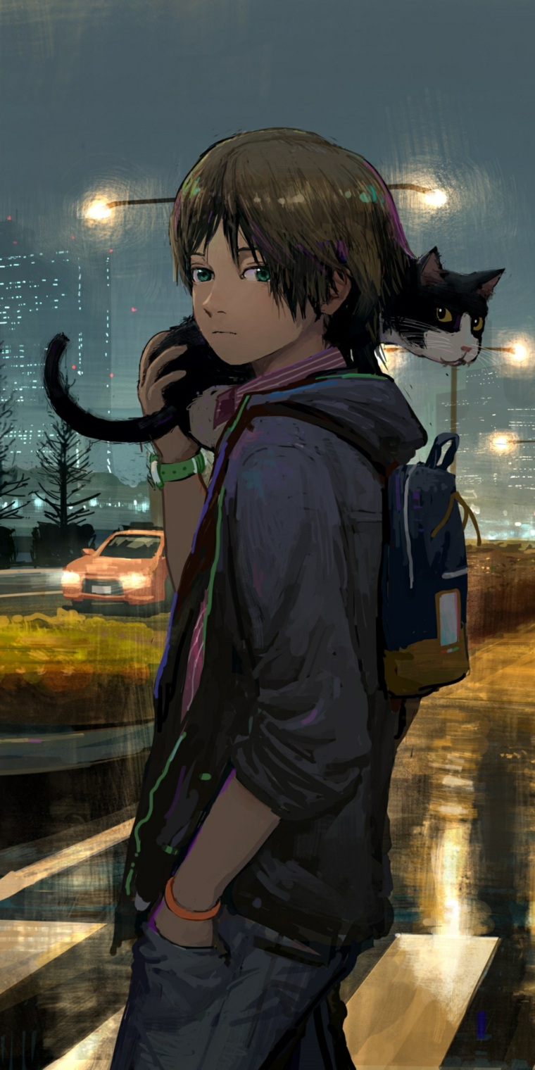 ragazzo anime phone wallpaper disegno gatto sulla spalla paesaggio città motturna