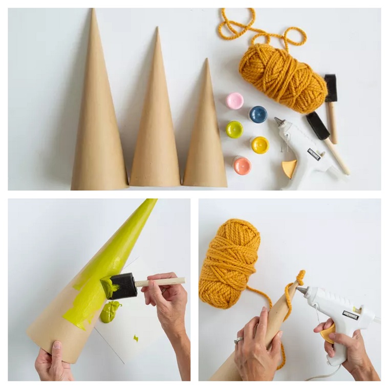 tutorial per dipingere cono di carta avvolgere con lana centrotavola natalizio fai da te