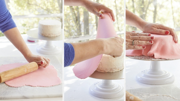 come guarnire una torta decorazione con strato di pasta di zucchero rosa