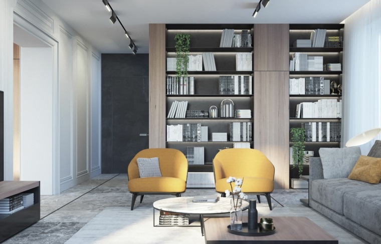 soggiorno con divano in tessuto decorazione con giallo tonalità pantone anno 2021