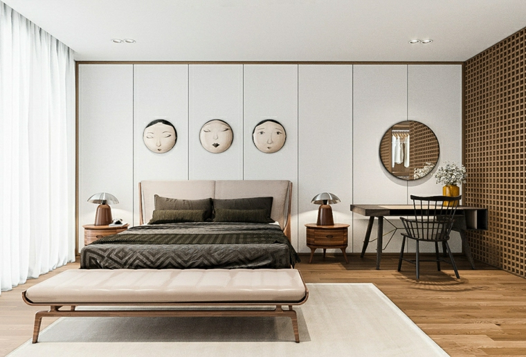 parete in legno di colore bianco abbinamento tonalità camera da letto