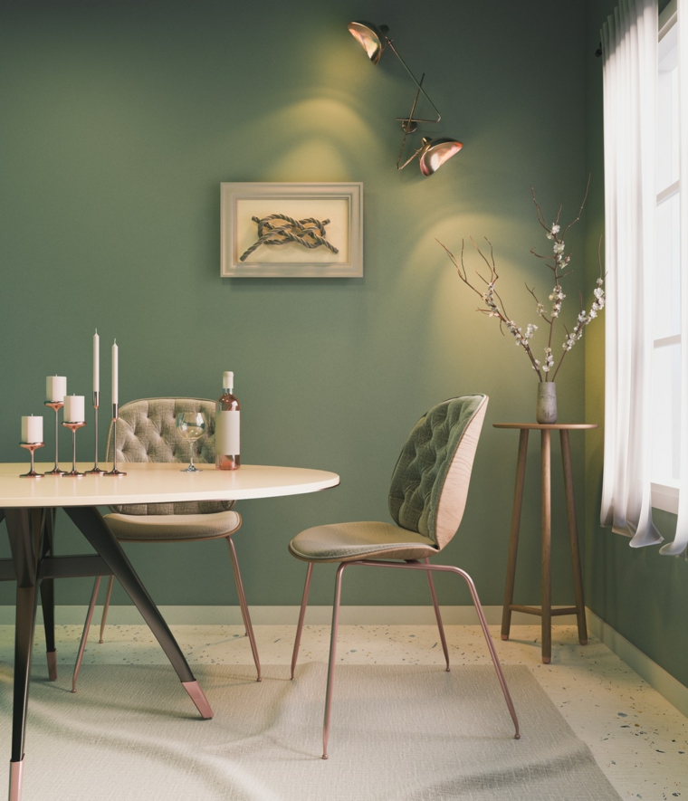 tonalità di verde per pareti salotto con tavolo da pranzo e sedie decorazione con candele