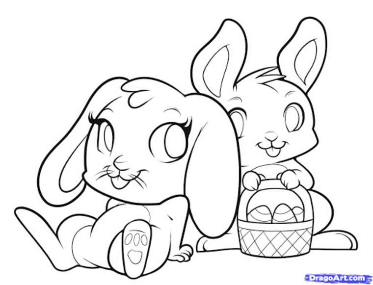 disegni da colorare pasqua schizzo di due coniglietto con cesta di ovetti