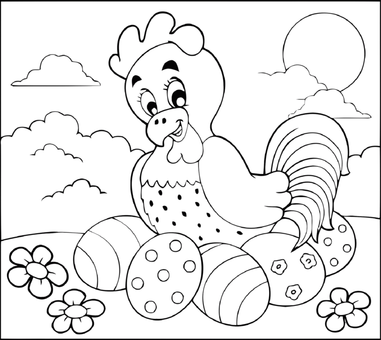 disegno di una gallina con uova di pasqua da colorare immagine da stampare per bambini
