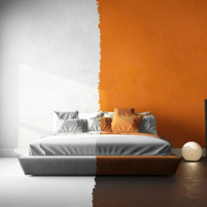 pareti bicolore camera da letto bianco e arancione decorazioni minimal con quadro