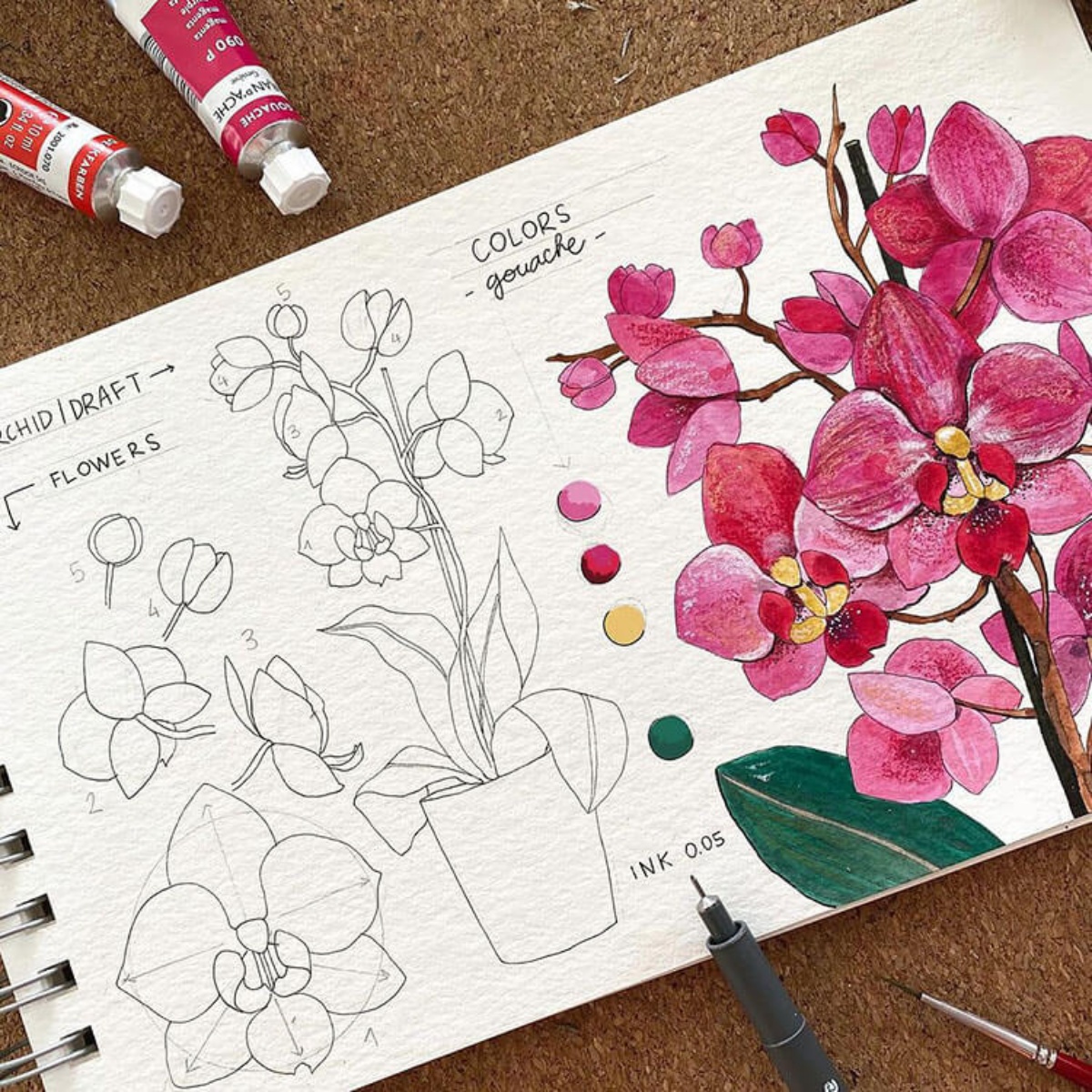 come disegnare un orchidea colorata