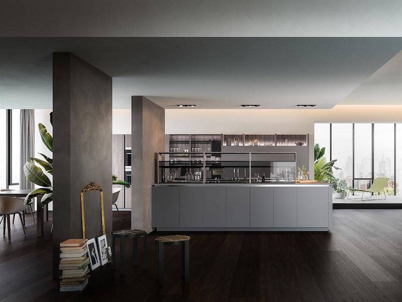 cucina soggiorno open space moderno mobili in grigio