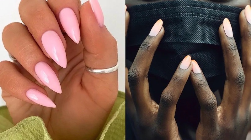 unghie stiletto di colore rosa naturale