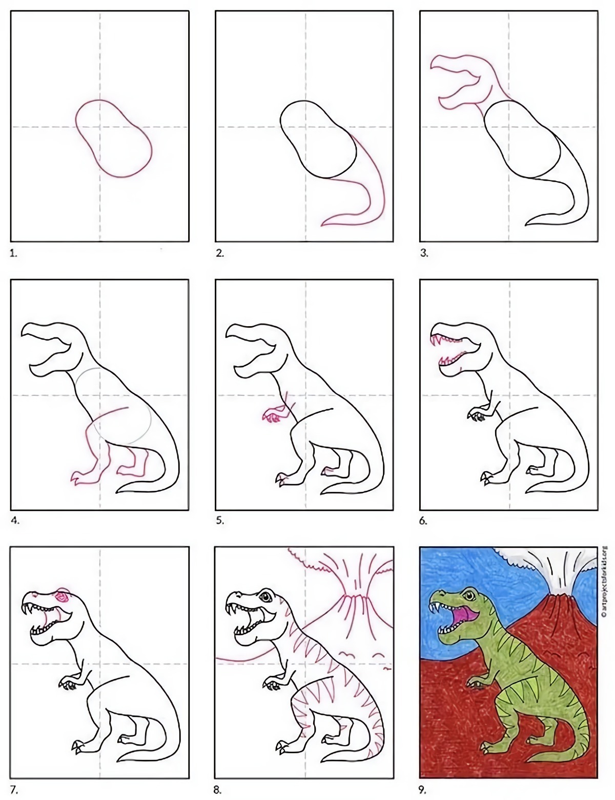 come disegnare un dinosauro passi da seguire