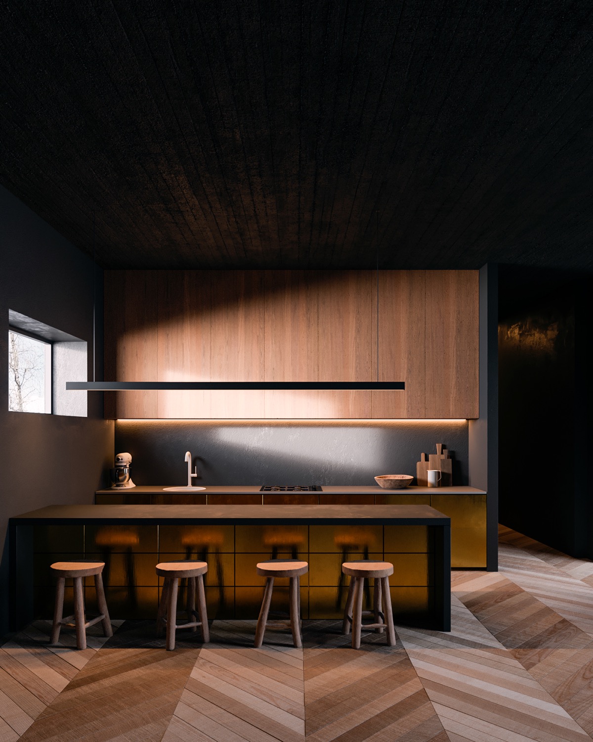 open space cucina con ante di legno