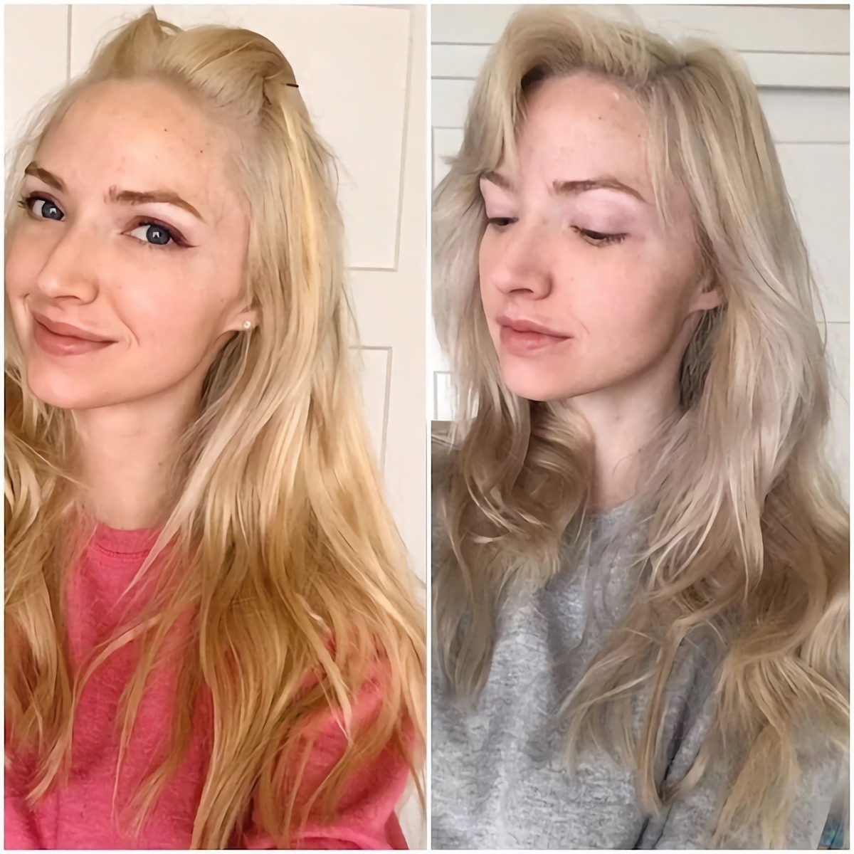 prima e dopo shampoo viola capelli biondi riflessi cenere
