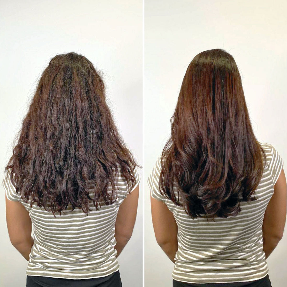 trattamento laminazione capelli prima e dopo chioma lunga colore castano