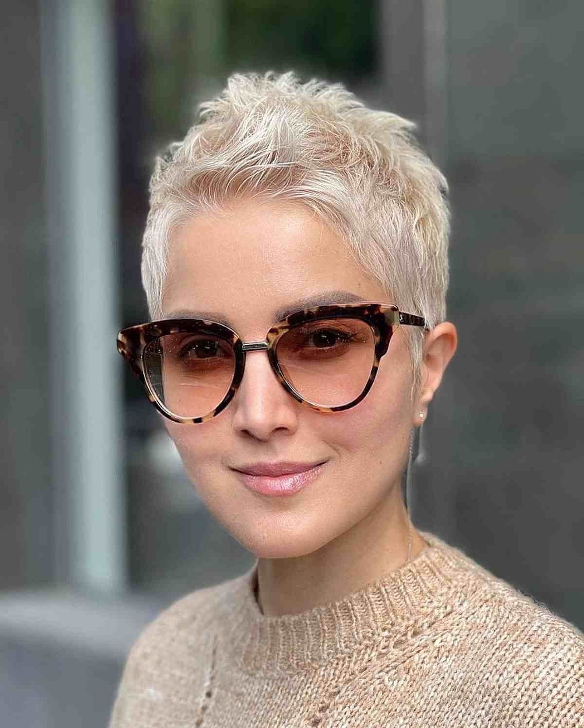 capelli biondi cortissimi donna con occhiali da sole
