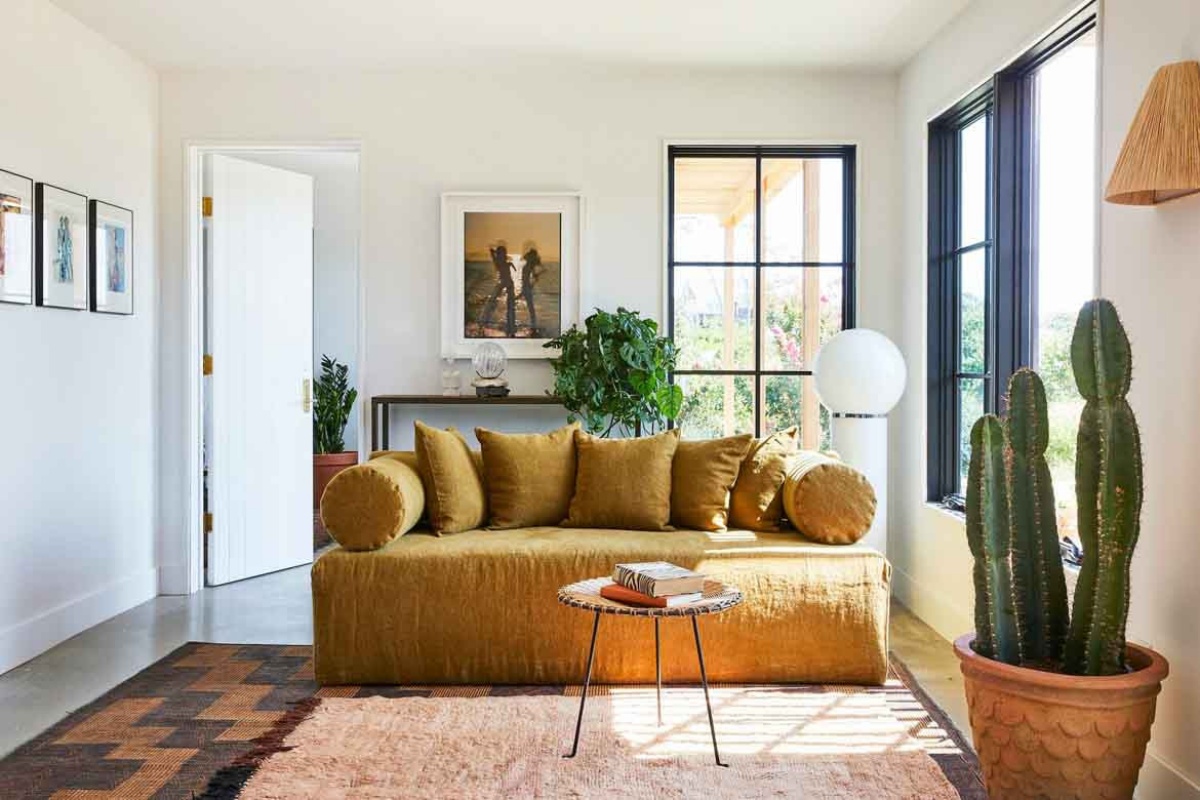 cactus in soggiorno divano giallo pareti bianche