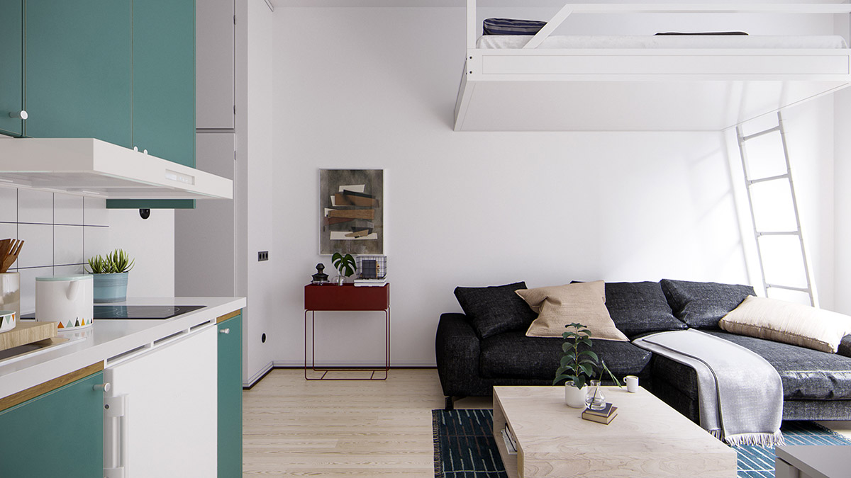 studio apartment with loft bed