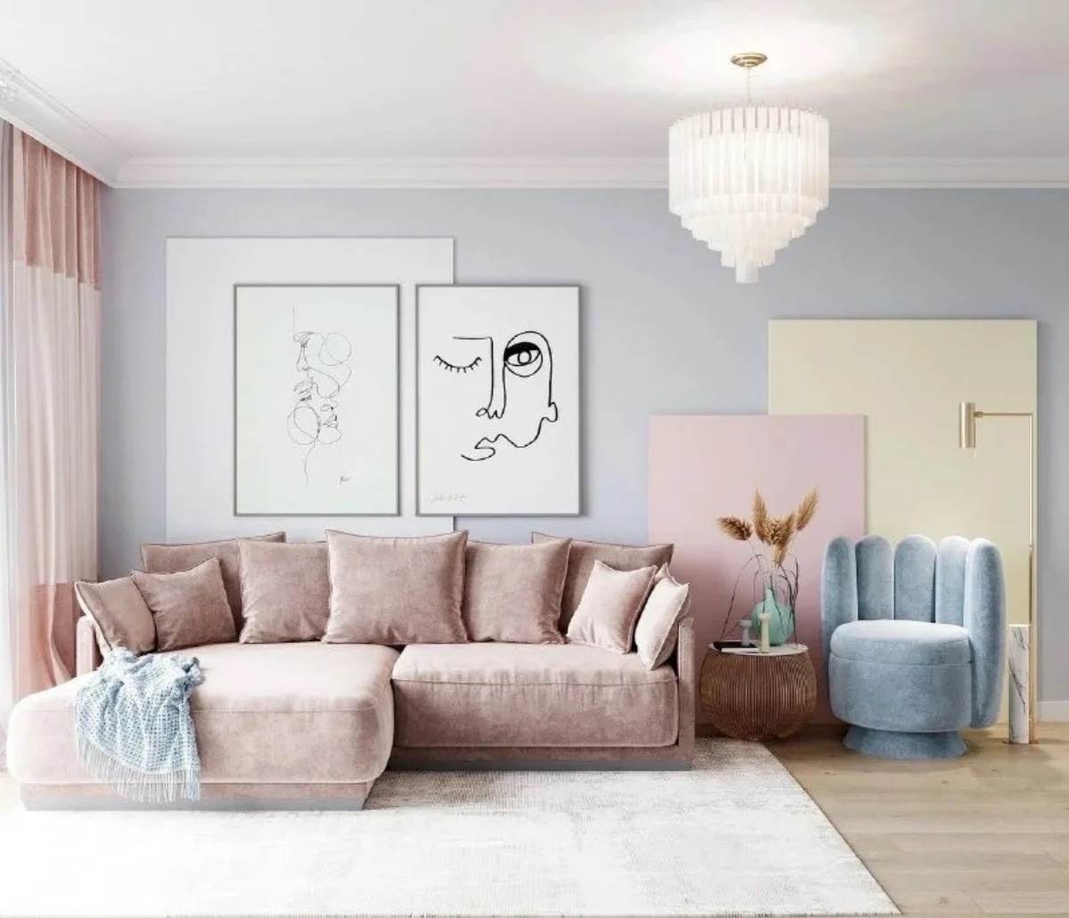 salotto con divano angolare velluto rosa parete grigio pastello