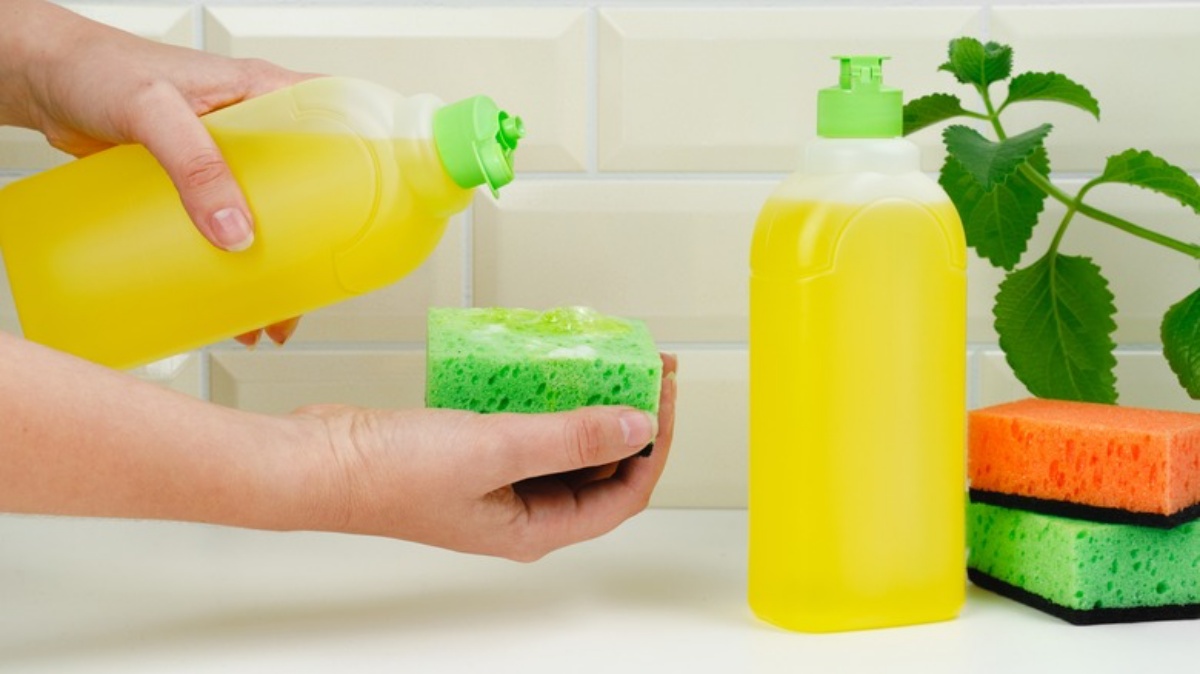 sapone per piatti sulla spugna pulizie domestiche
