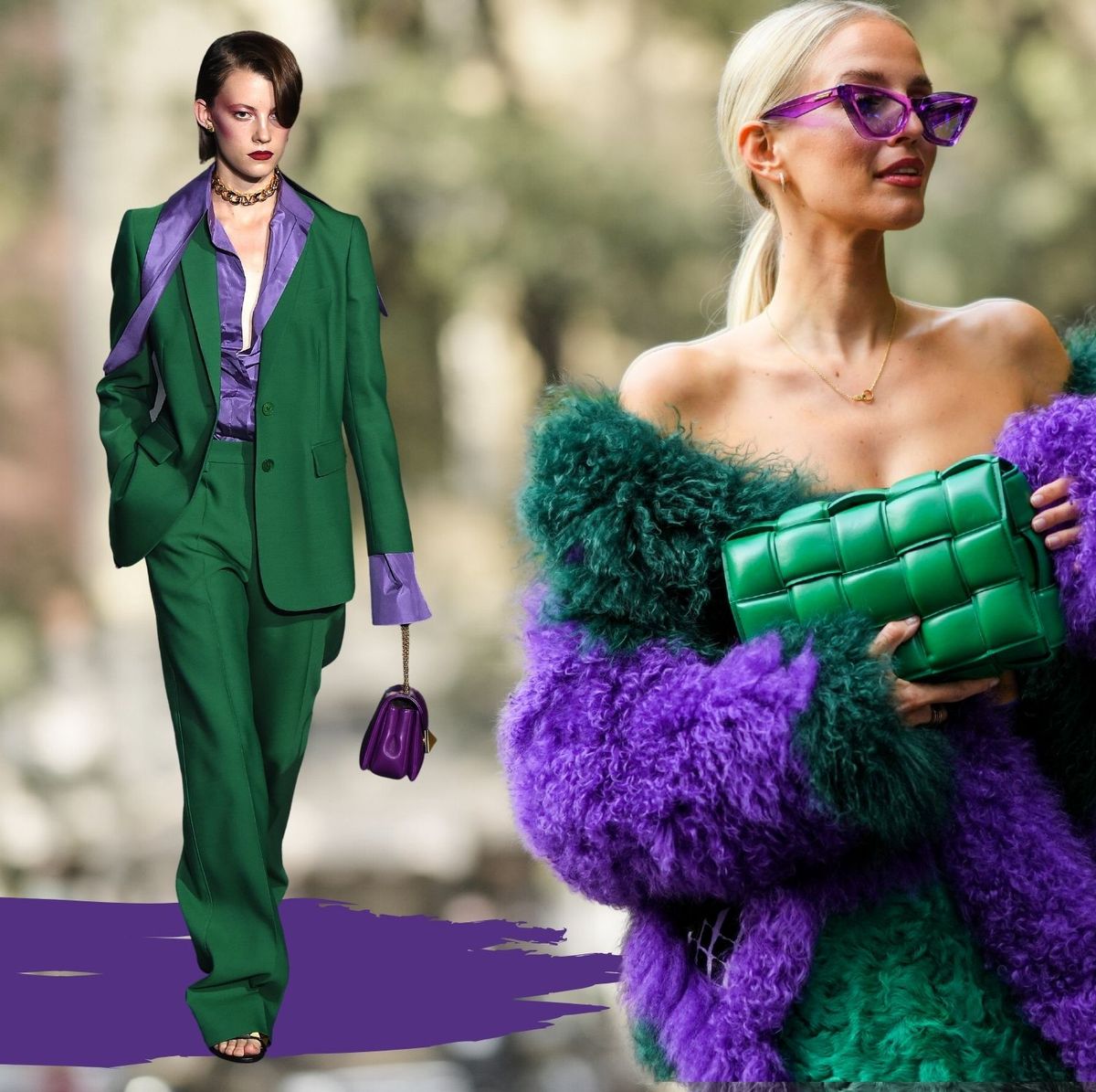 viola e verde scuro outfit eleganti alla moda