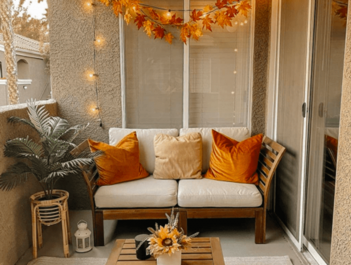Balcone piccolo in autunno che spicca di originalità e look cozy