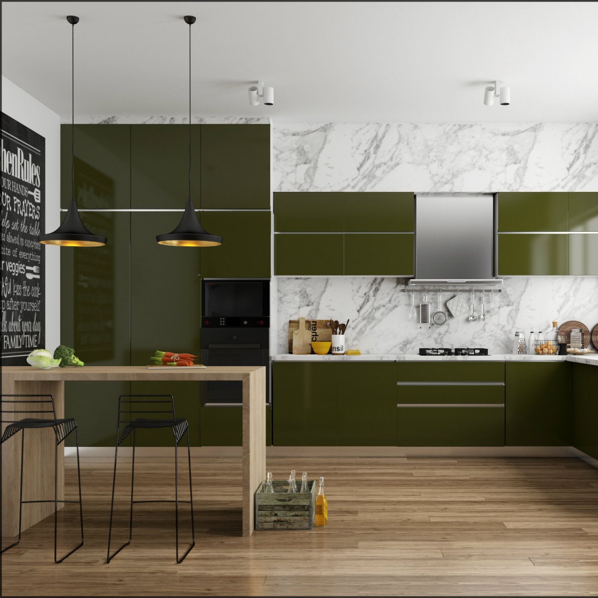 cucina con mobili lucidi di colore verde oliva