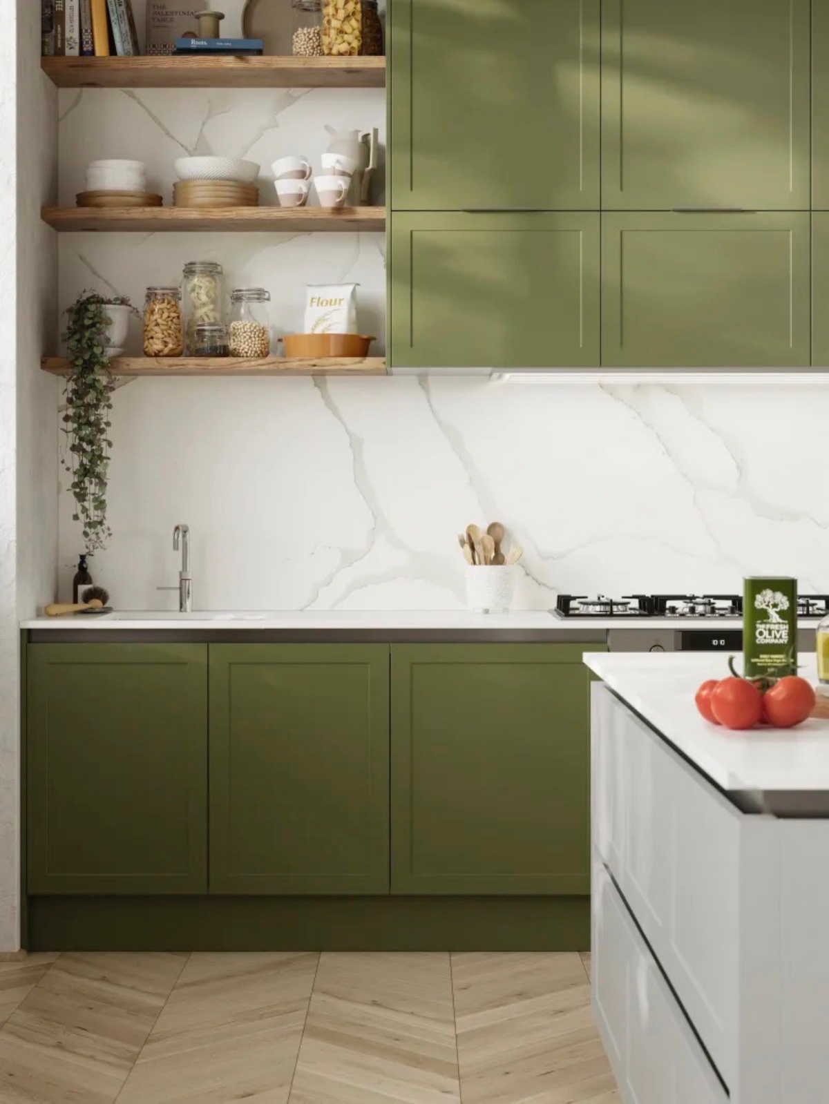 cucina verde oliva paraschizzi in marmo
