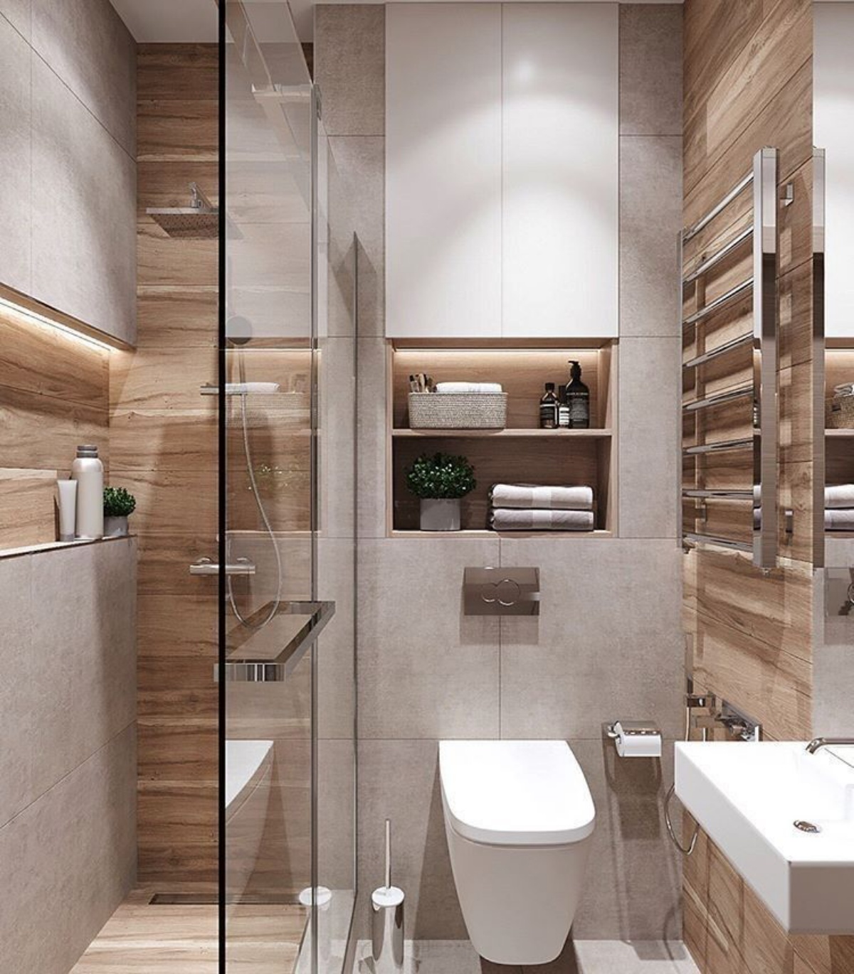 bagno piccolo con doccia walk in rivestimento piastrelle effetto legno