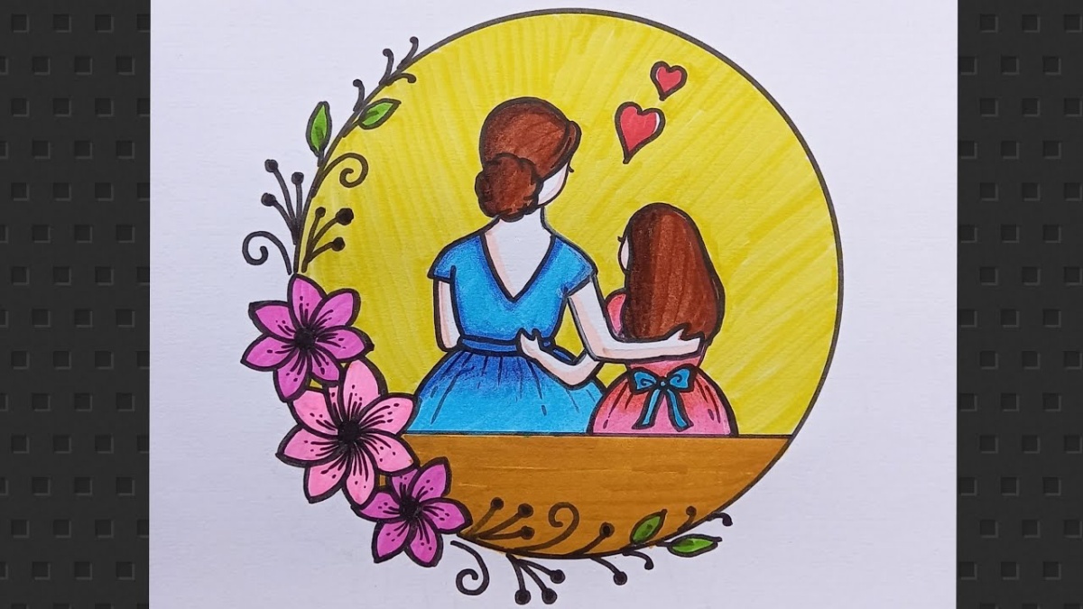 disegno bellissimo di mamma e figlia con pennarelli colorati
