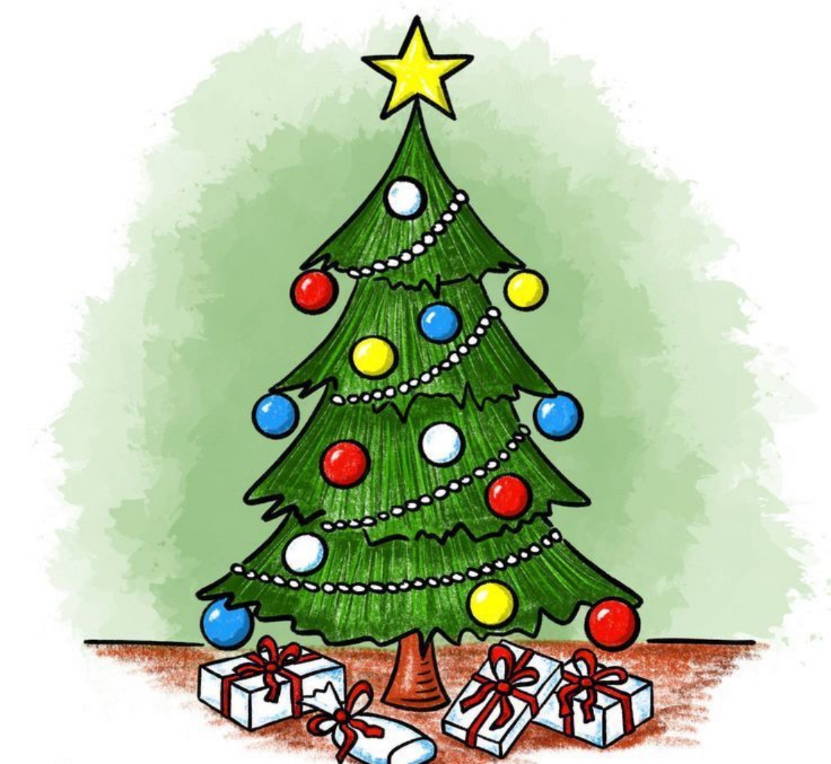 disegno colorato albero natalizio con ornamenti