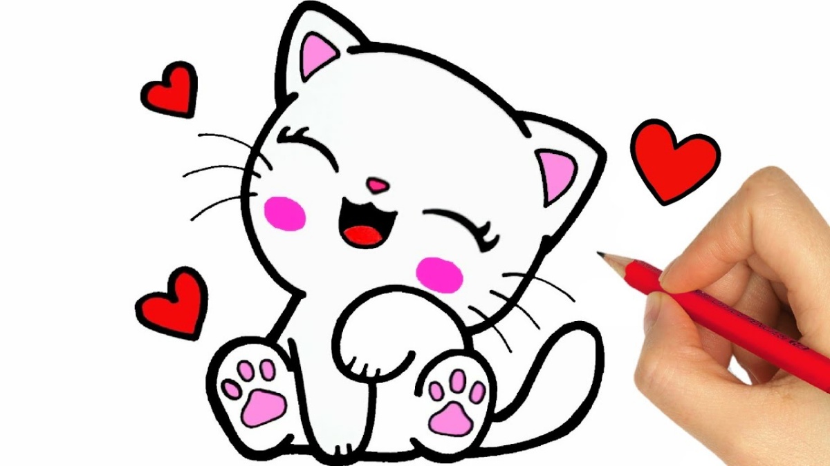 disegno di un gattino cuori rossi