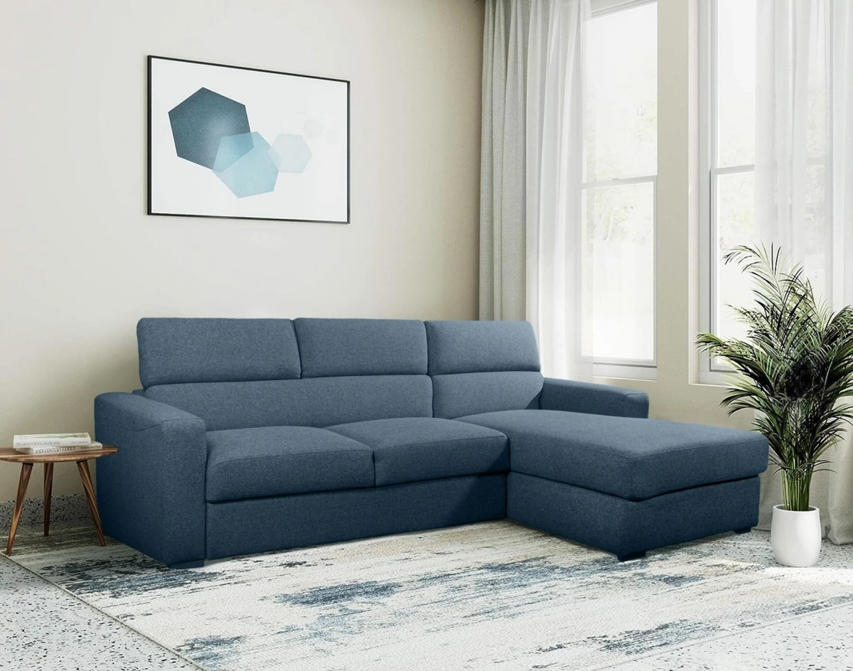 divano letto con chaise longue tessuto di colore blu