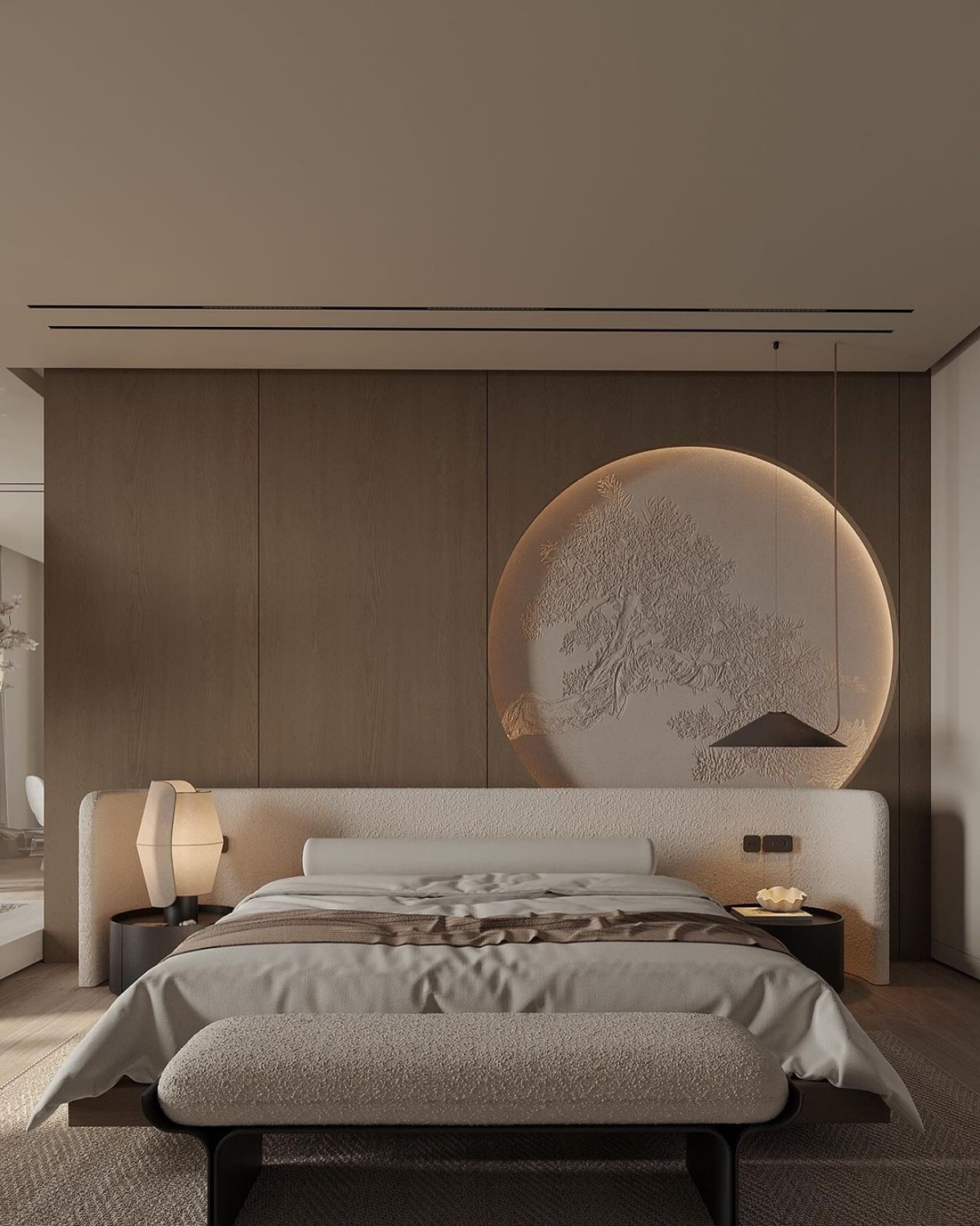 japandi style stanza da letto matrimoniale moderna