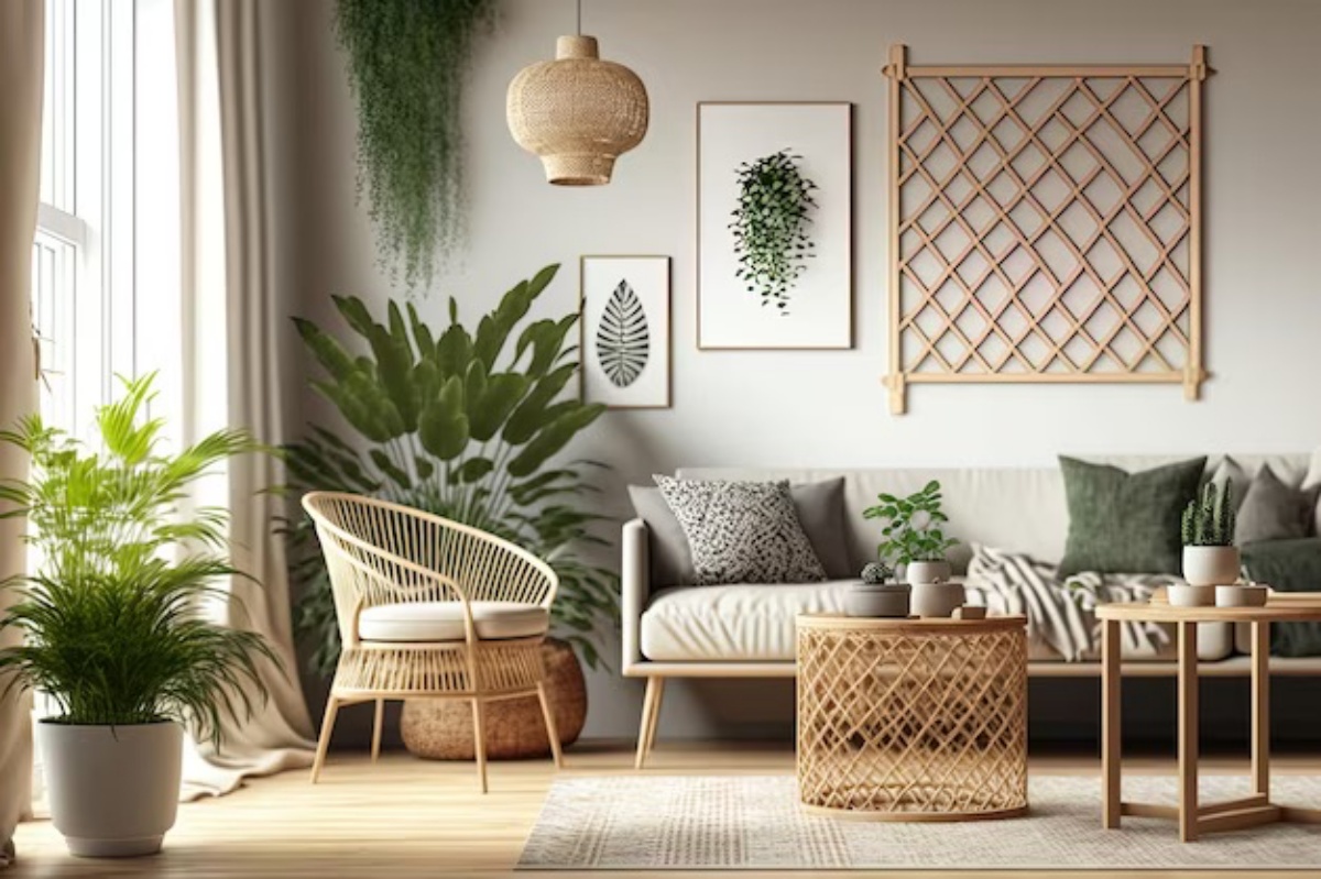 soggiorno con mobili in rattan decorazione con piante