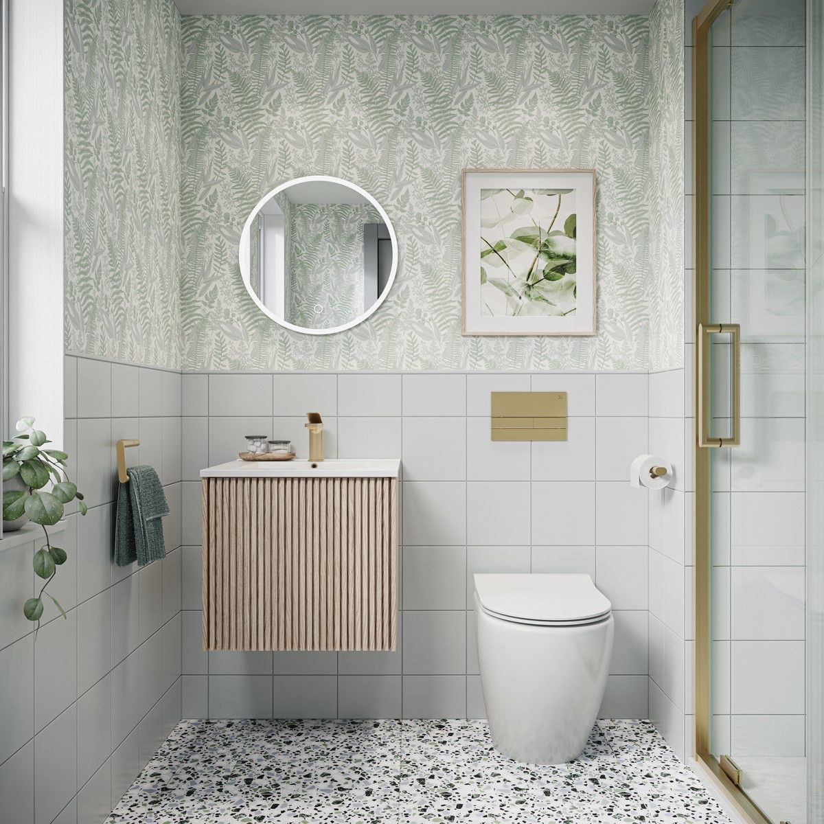 bagno in grigio chiaro verde chiaro e grigio