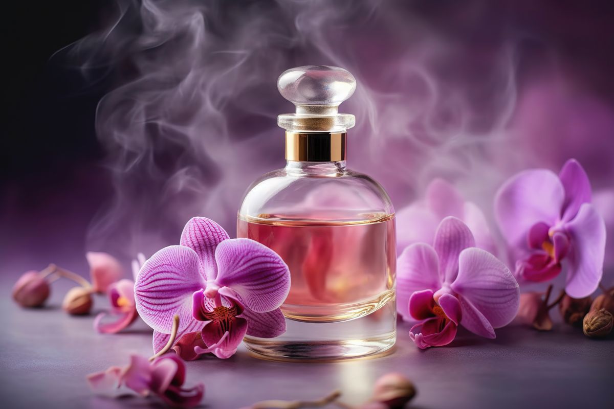 perfume aroma from soft orchids flower , generative ai